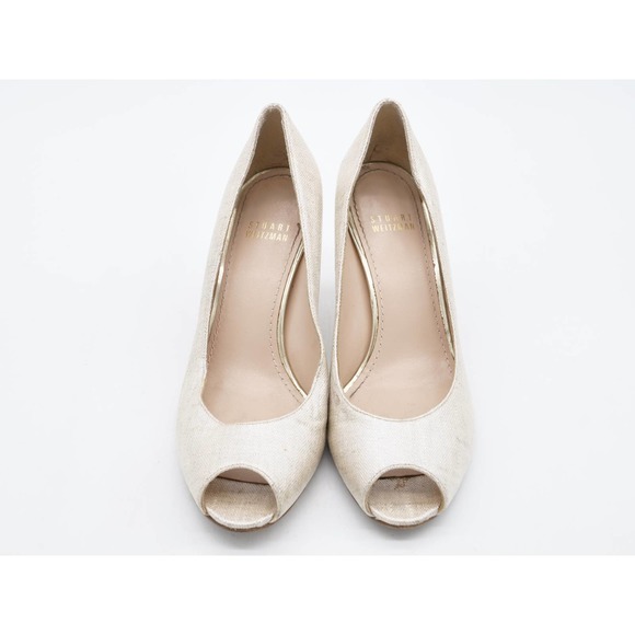 Stuart Weitzman Womens 7 Heels Beige Metallic Peep Toe Stiletto Dress Pumps - Picture 6 of 10